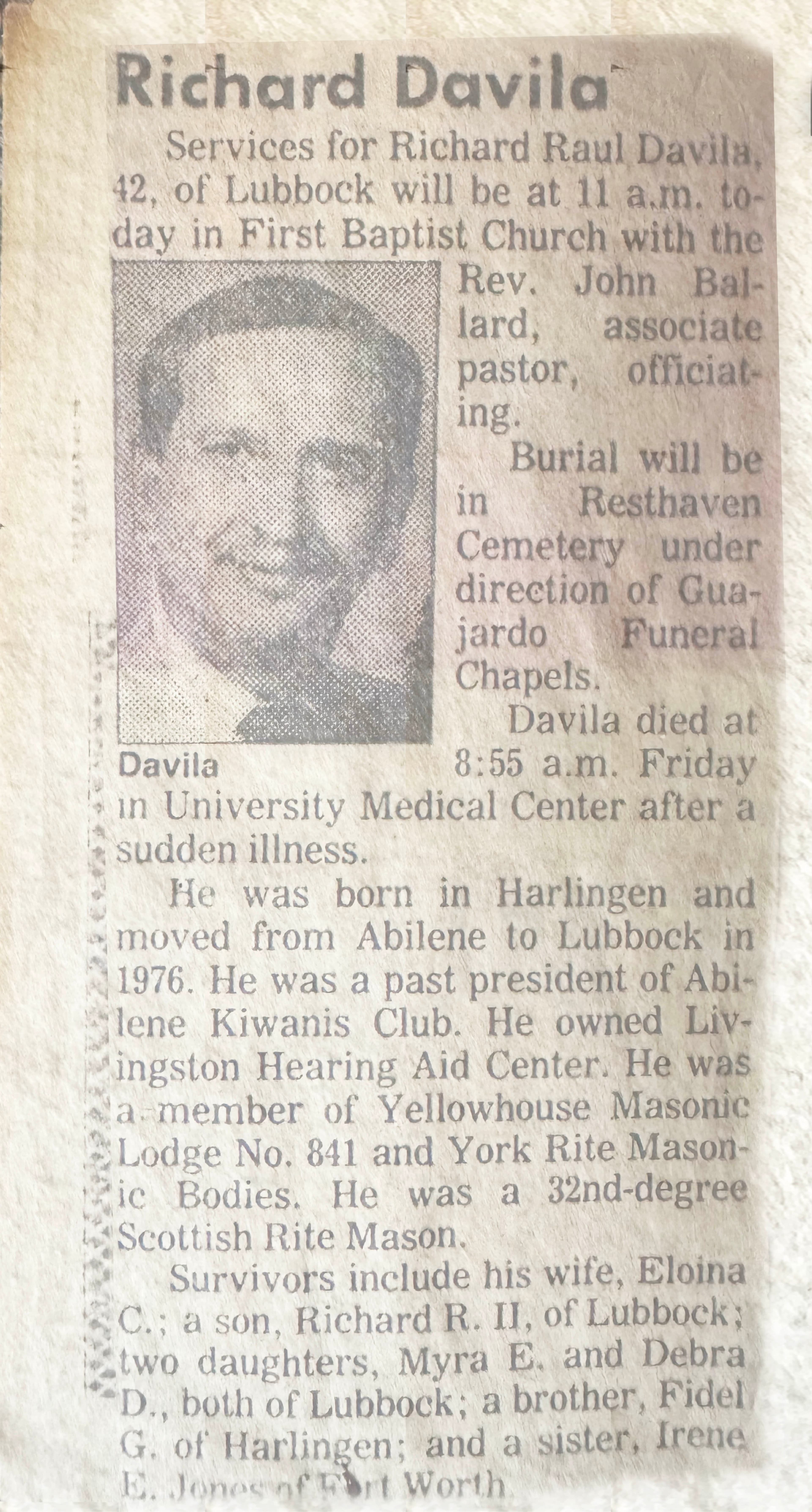 Newspaper obituary for Richard Raul Davila, 1990