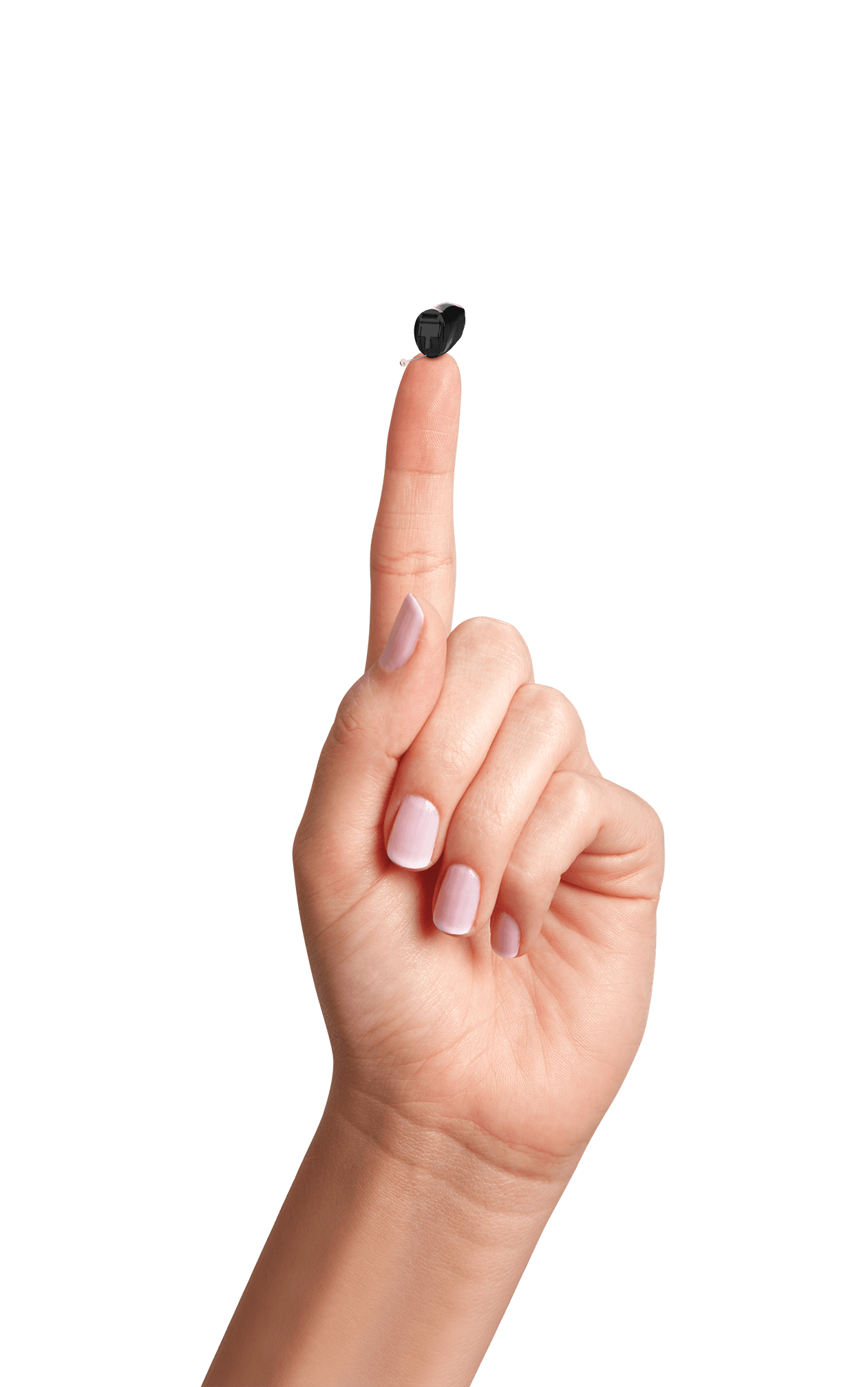 An invisible-in-canal hearing aid balanced on a fingertip, showing how small it is