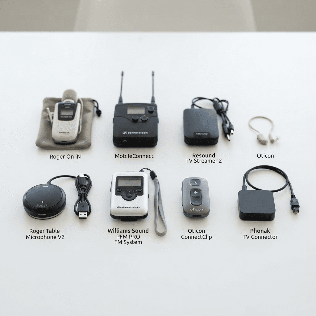 A range of assistive listening devices on a clean surface