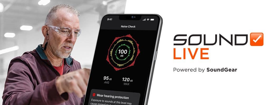 SoundCheck Live app on a smartphone showing a 100 dB reading and a warning to wear hearing protection