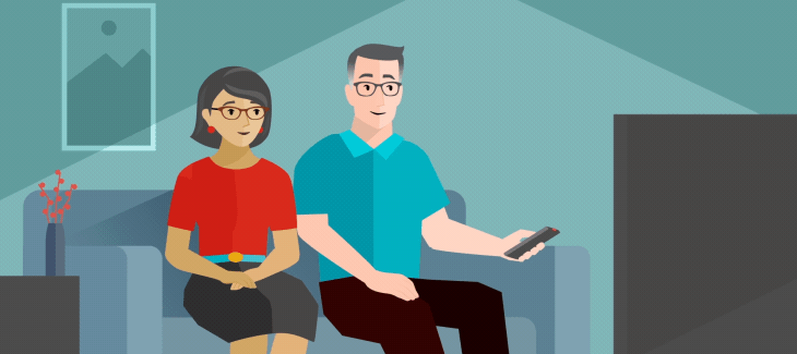 Illustration of a couple on a couch watching TV while the man holds the remote